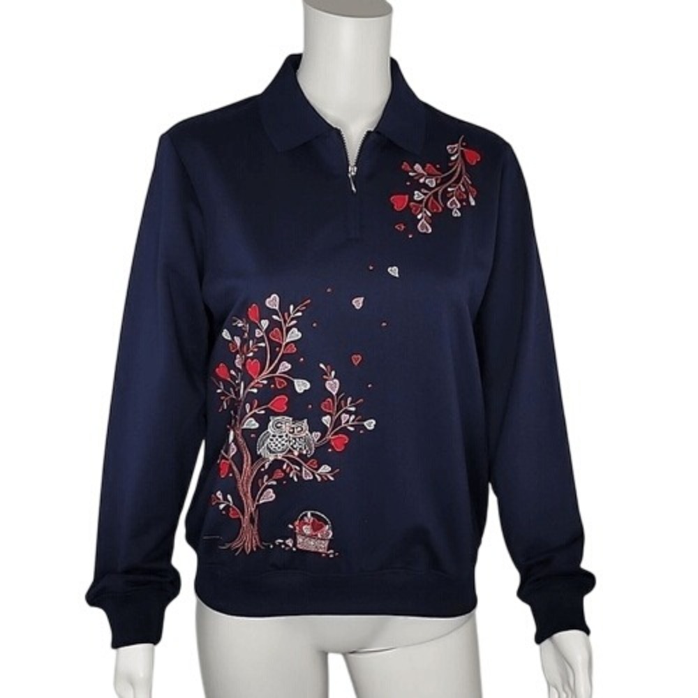 Alfred Dunner Blue Owl Embroidered‎ Zip Collared Pullover